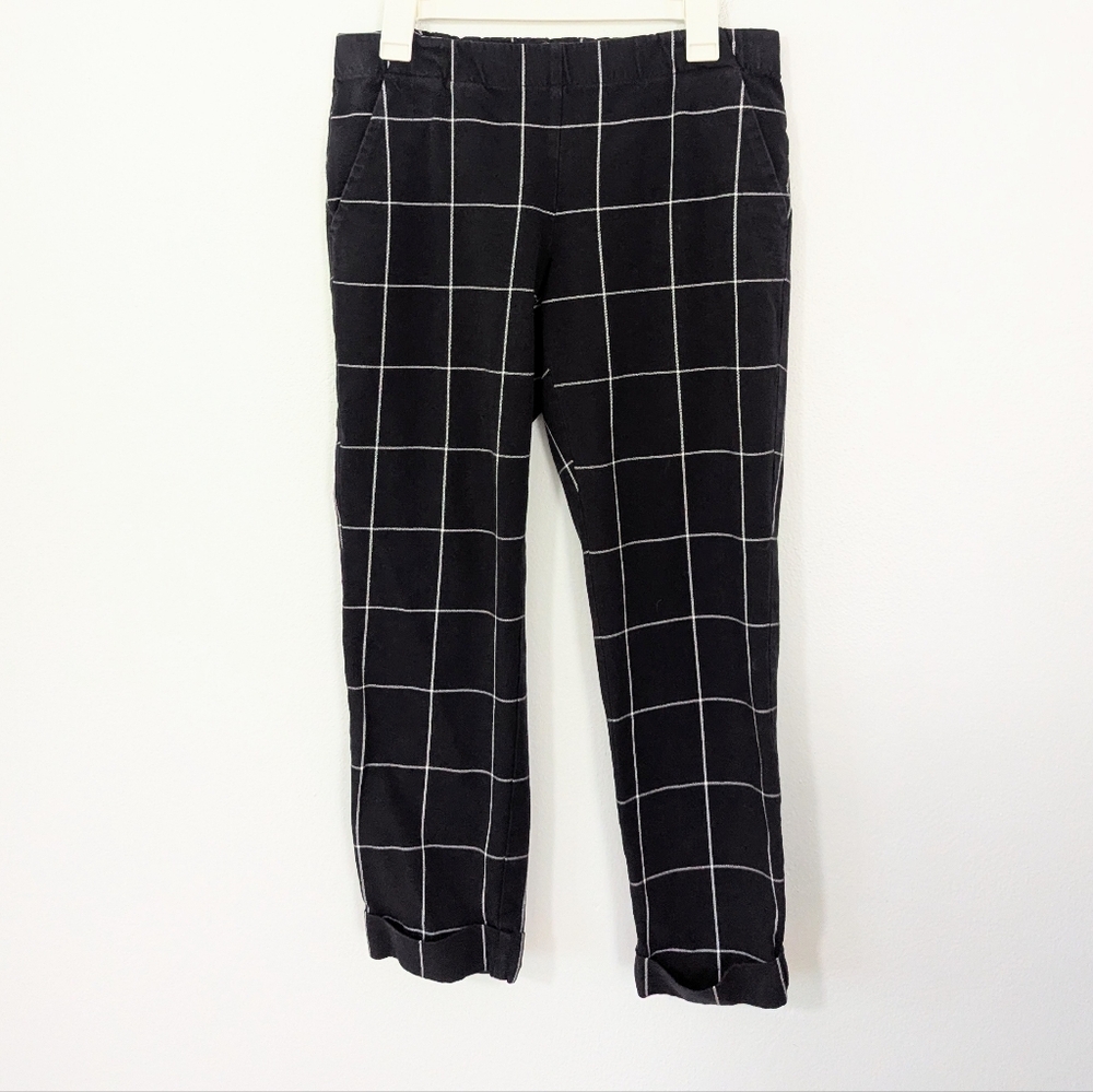 J. Jill Premium Bi-Stretch Pull On Pants Straight Leg Cuffed Grid Black White 8
